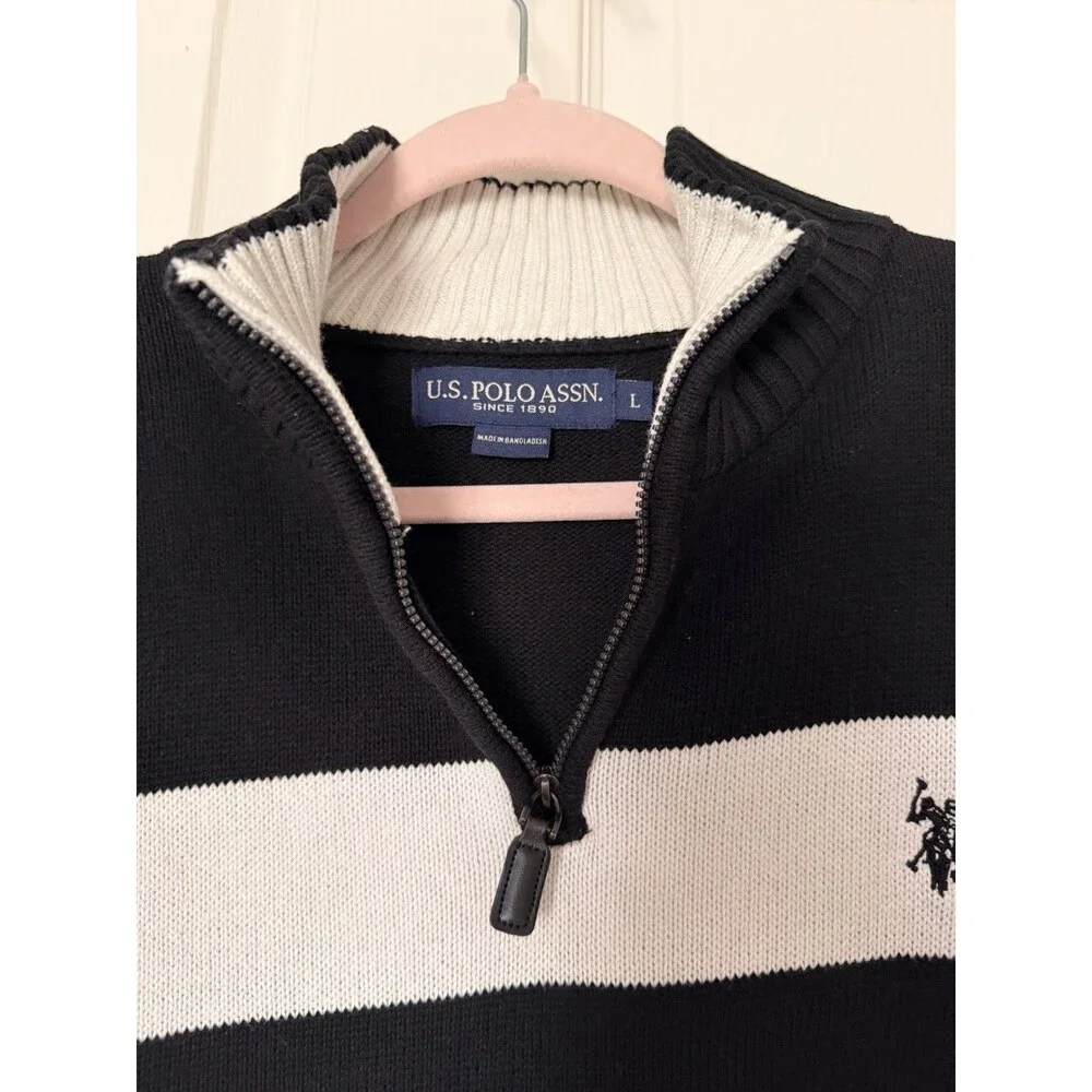 U.S. Polo Assn. Men’s L Quarter Zip Sweater Color Block Striped Cotton Blend
